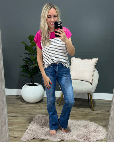 Jane Striped Flutter Sleeve Top - Fuchsia  Staccato   