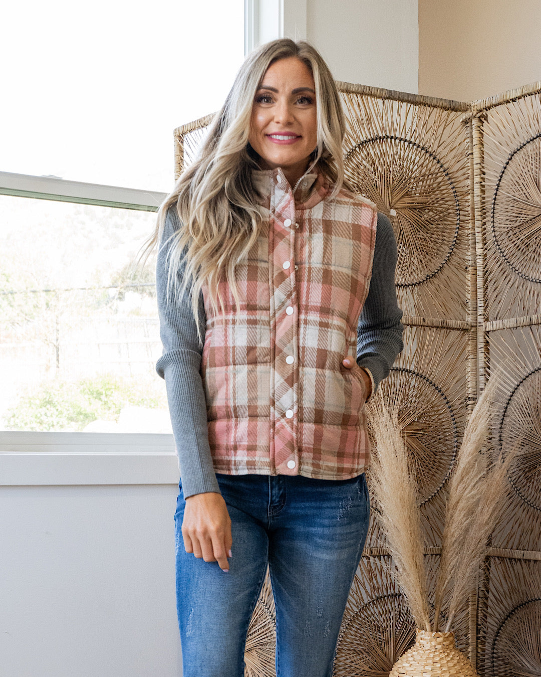 Gia Plaid Quilted Vest - Blush Staccato