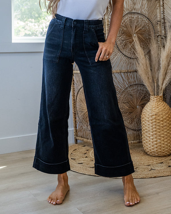 Vervet Maggie Roll Hem Elastic Waist Wide Leg Jeans - Color Options Available! Vervet Black