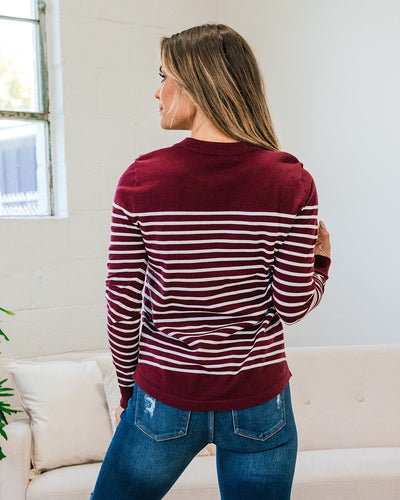 Maddie Burgundy Striped Button Shoulder Sweater FINAL SALE  Staccato   