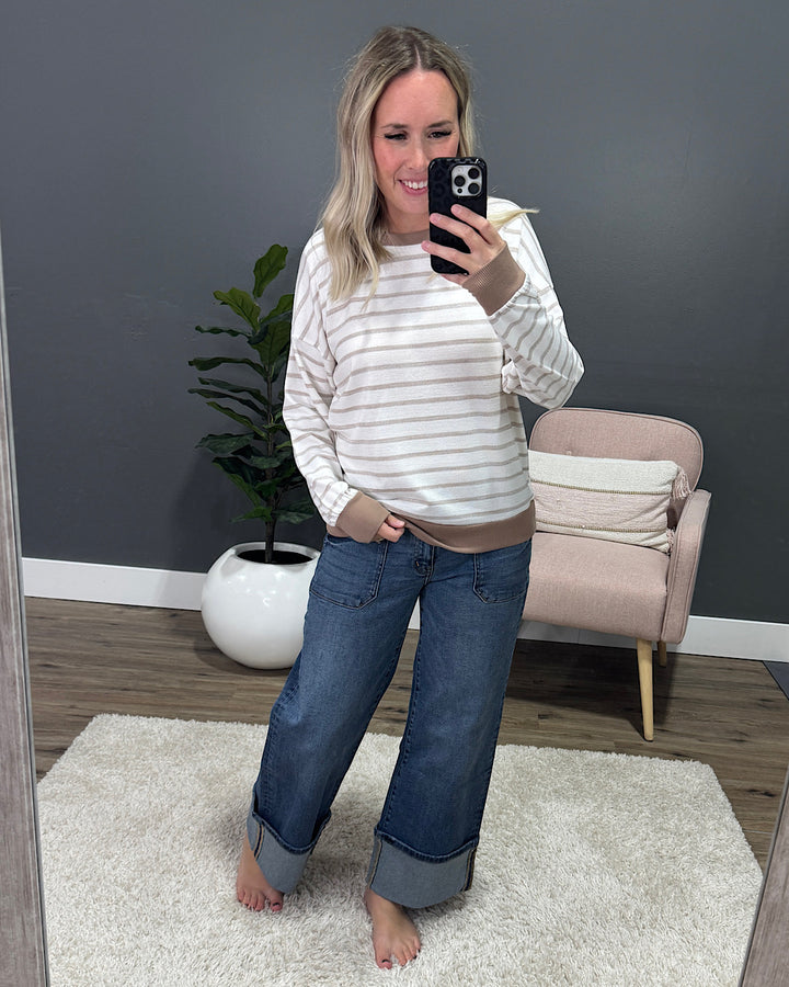 NEW! Jasmine Striped Drop Shoulder Top - Taupe Staccato