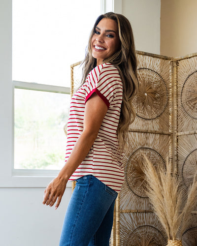 Abby Textured Striped Short Sleeve Top - Red  Staccato   