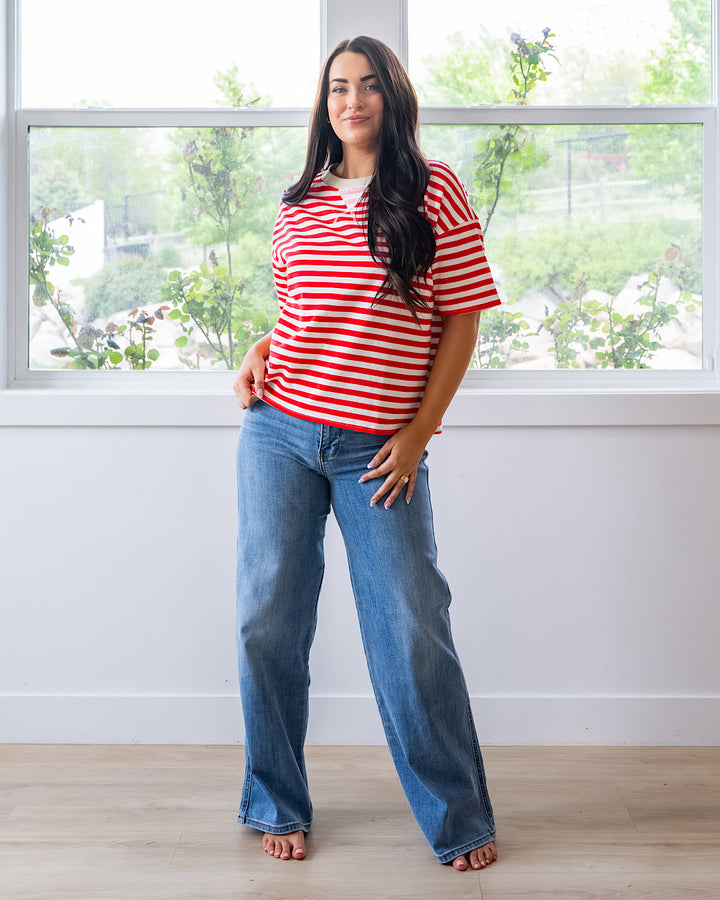 NEW! Hazel Contrast Striped Top - Red & Taupe