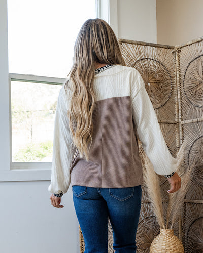 NEW! Shayla Mixed Fabric Color Block Henley Top - Mocha  Lovely Melody   