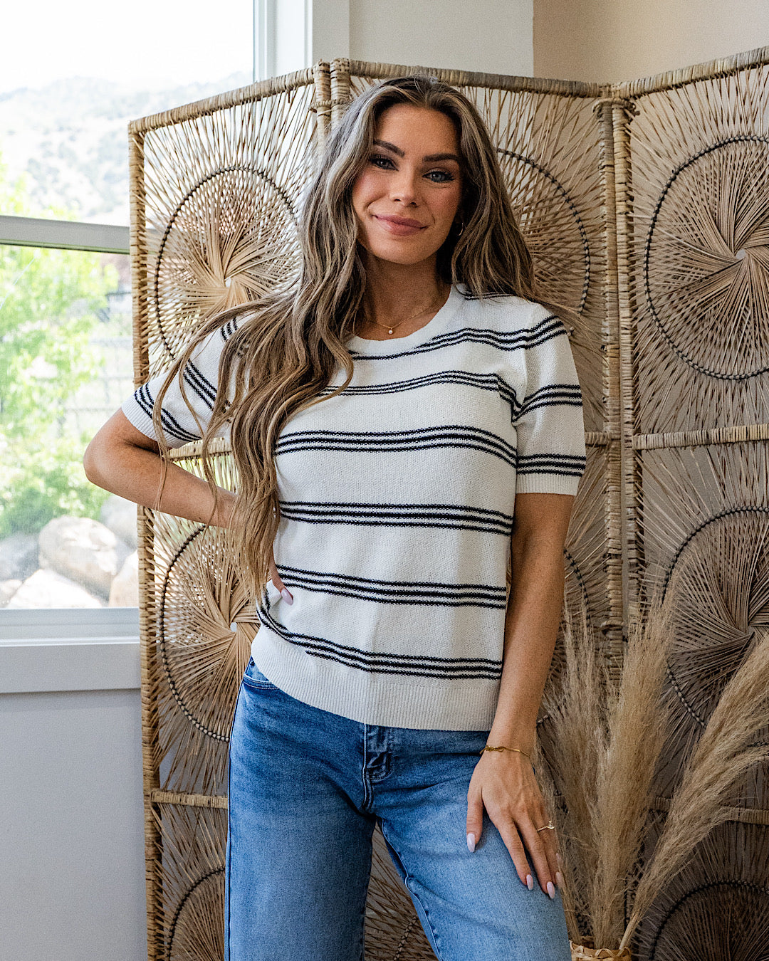 NEW! Chelsea Triple Stripe Short Sleeve Sweater - Black Be Cool