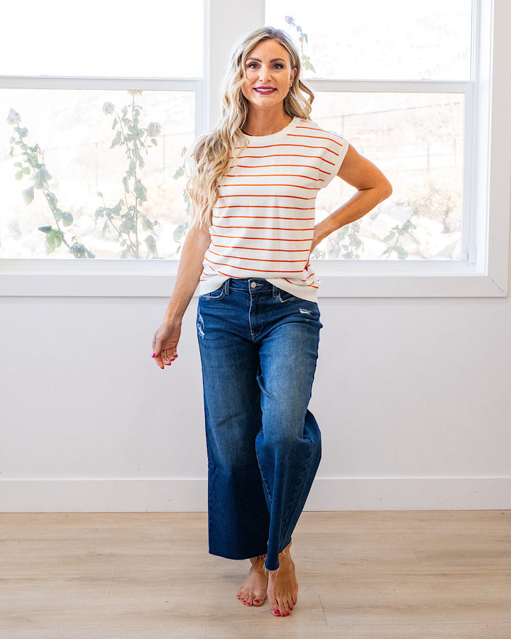 NEW! Allie Striped Short Sleeve Sweater - Ivory & Rust Staccato