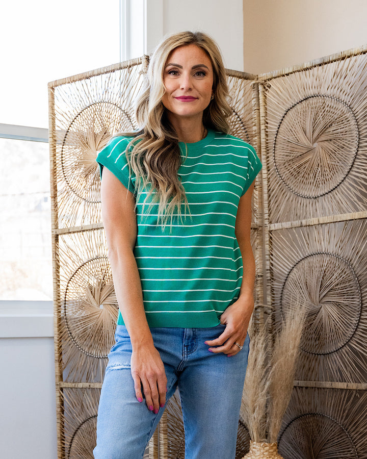 NEW! Allie Striped Short Sleeve Sweater - Emerald Staccato