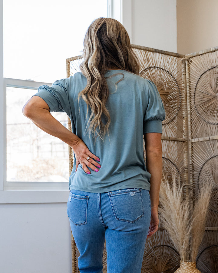 NEW! Cassie Puff Sleeve Top - Dusty Teal Staccato