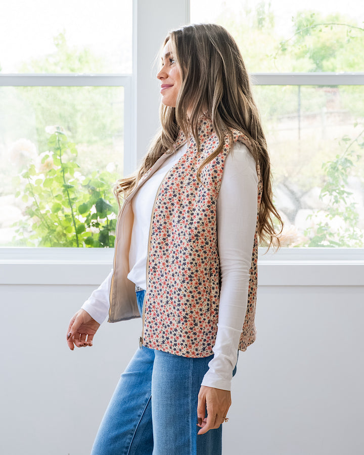 NEW! Juliana Floral Print Corduroy Vest - Cream & Pink