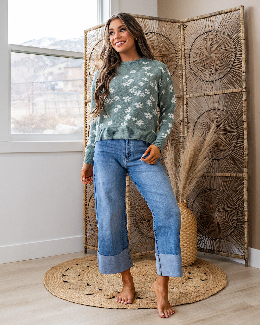 NEW! Adria Textured Floral Sweater - Sea Green Be Cool