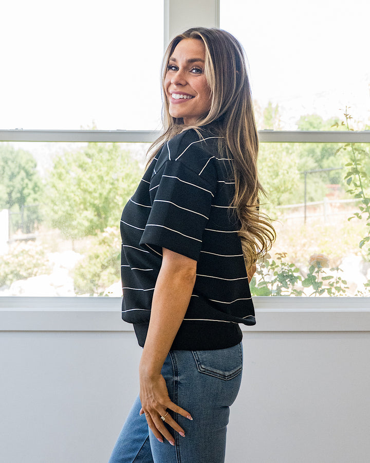 NEW! Macey Scuba Fabric Striped Top - Black & Cream Rae Mode