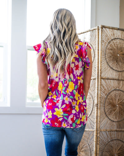 Kim Notched Neck Flutter Sleeve Top - Magenta Floral FINAL SALE  Dear Scarlett   