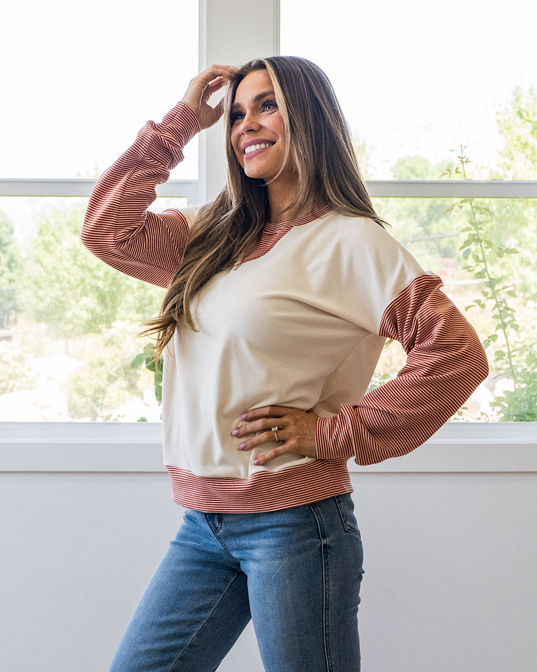NEW! Danielle Striped Sleeve Brushed Top - Rust