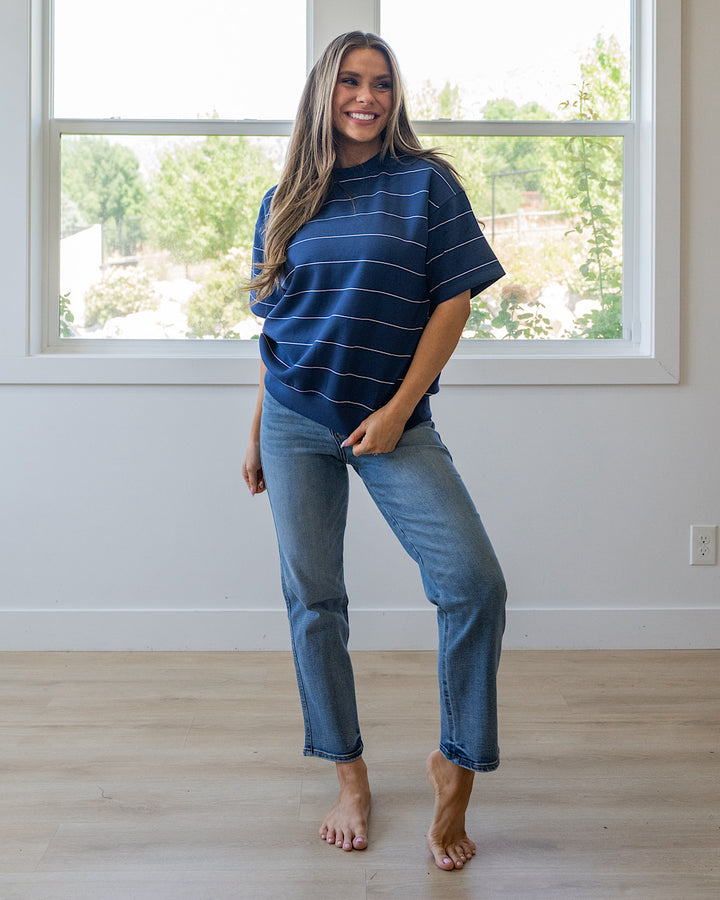 NEW! Macey Scuba Fabric Striped Top - Smoky Navy & Cream