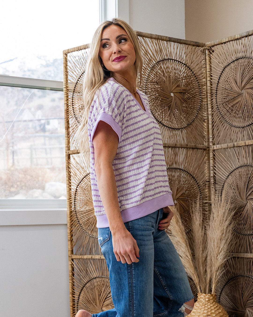 This Love Textured Striped V Neck Top - Lavender Lovely Melody