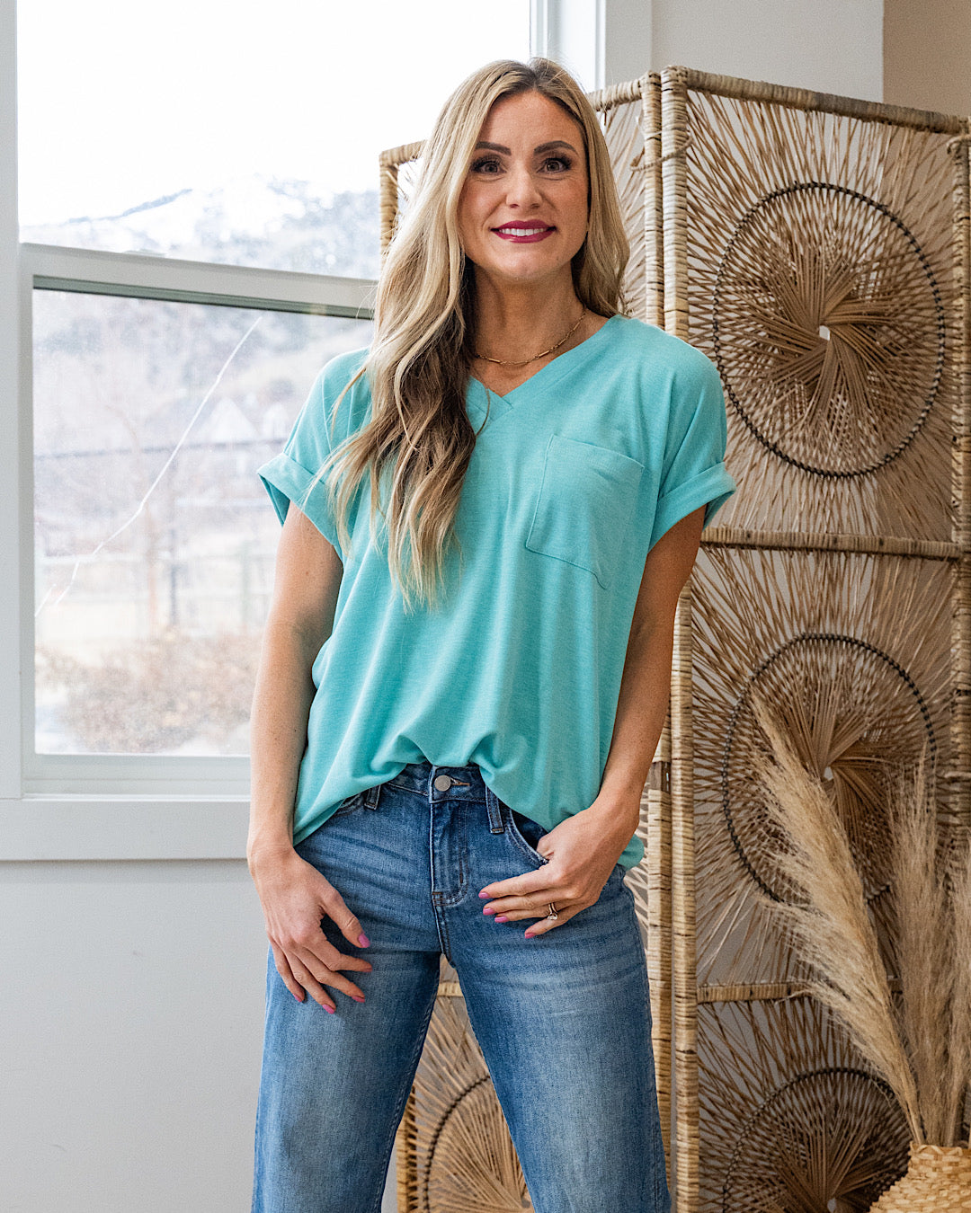 NEW! Girlfriend V Neck Roll Sleeve Pocket Top - Mint Sew In Love