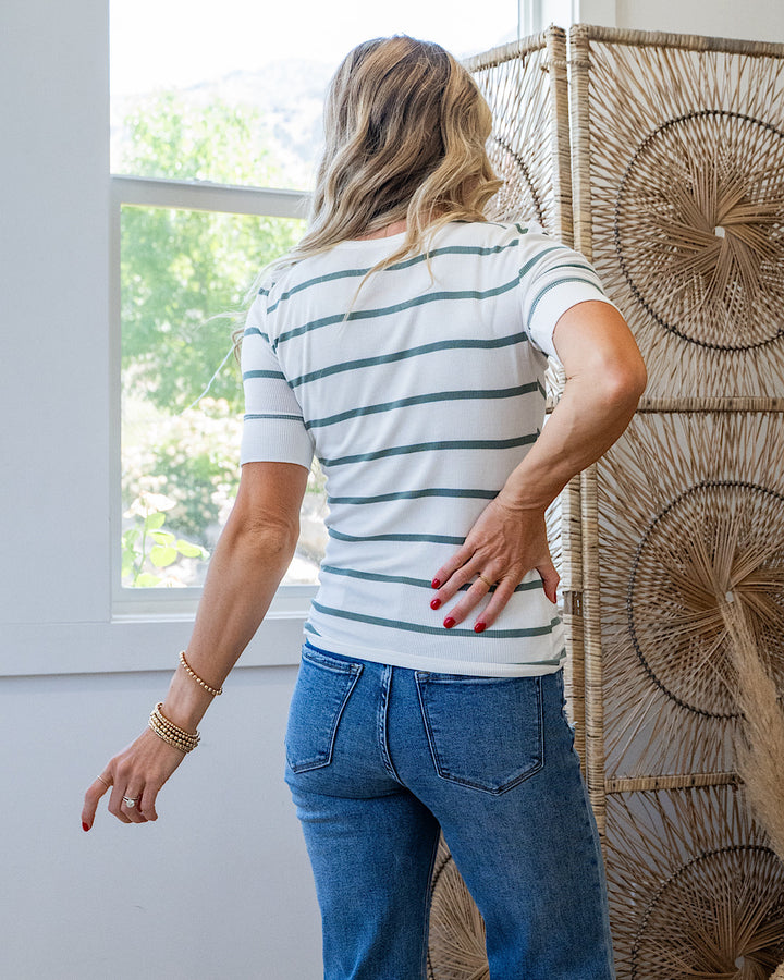 NEW! Carrie Ribbed Scoop Neck Striped Henley Top - Spruce