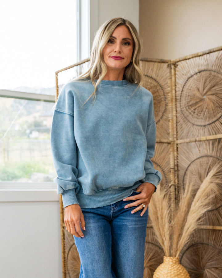 Boyfriend Crewneck Sweatshirt - Blue Gray Zenana