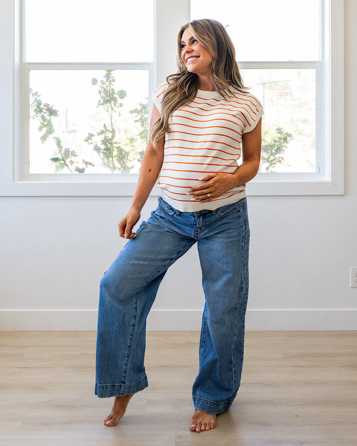 Allie Striped Short Sleeve Sweater - Ivory & Rust Staccato