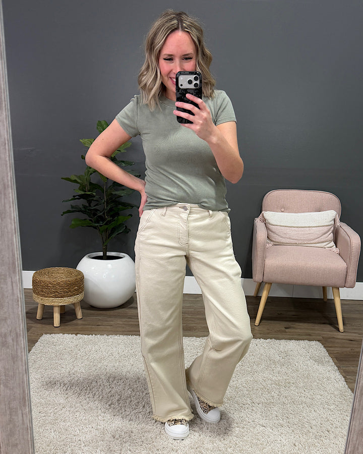 NEW! KanCan Natalie Fray Hem Wide Leg Jeans - Cream KanCan