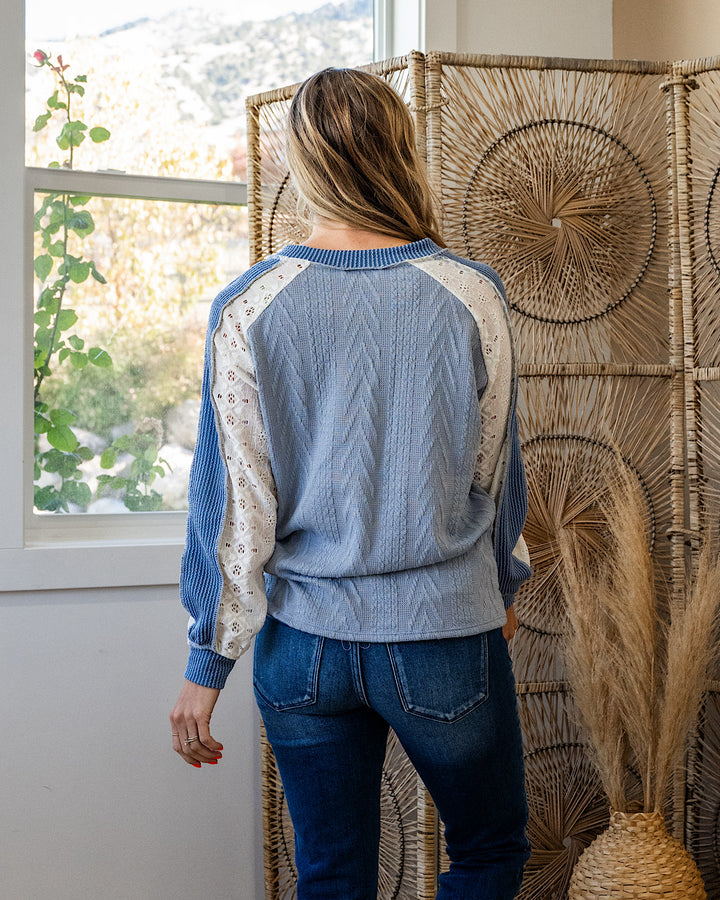 NEW! Angelique Mixed Fabric V Neck Top - Blue