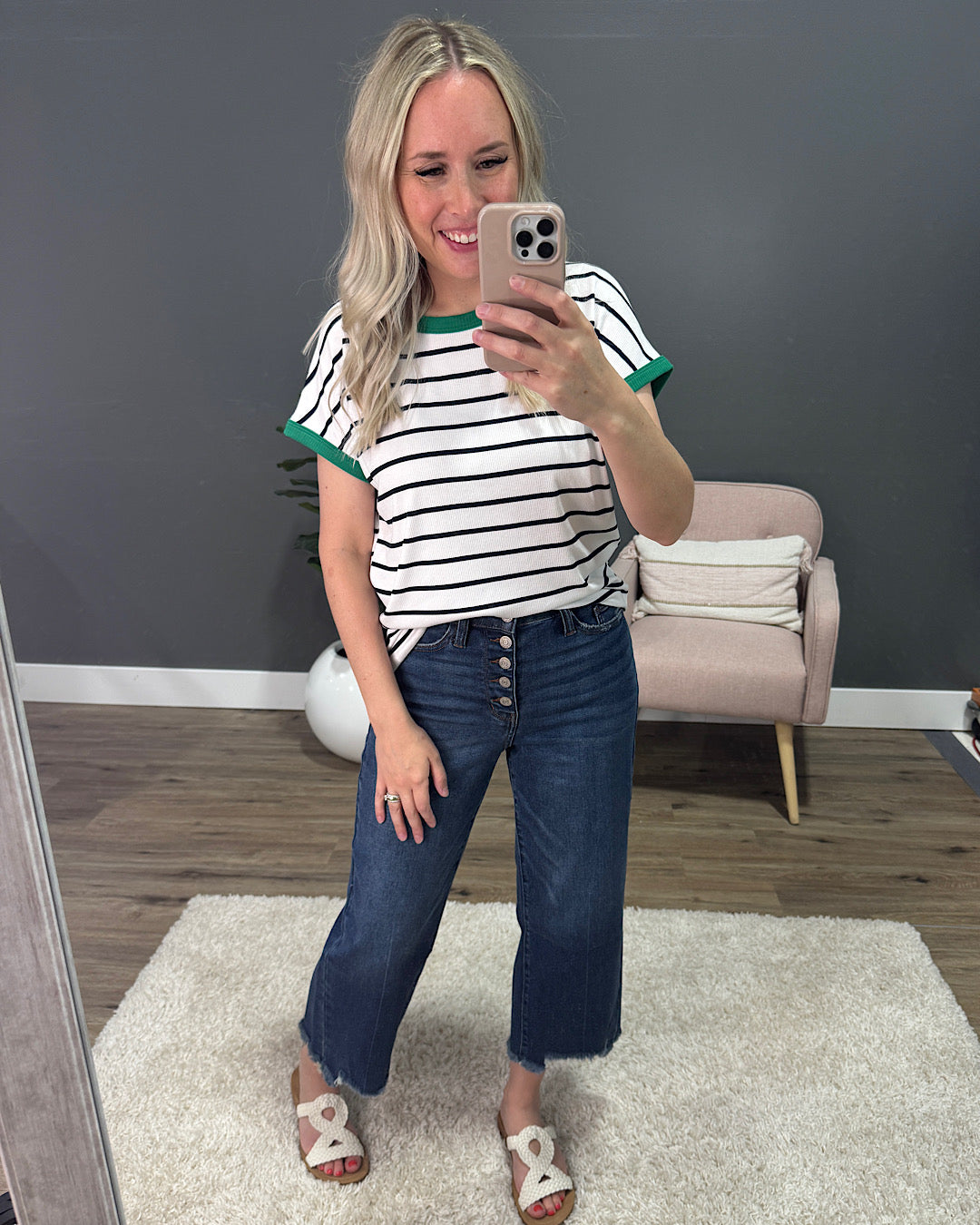 Juliet Striped Ribbed Top - Ivory & Green Staccato