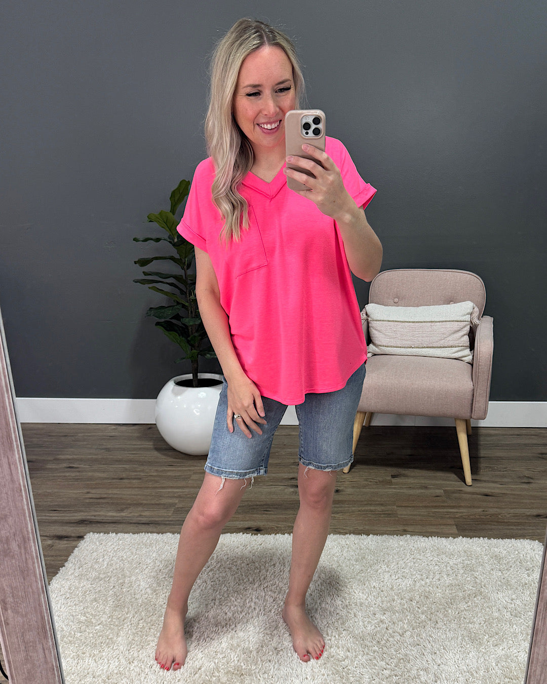 April V Neck Pocket Top - Neon Pink Heimish