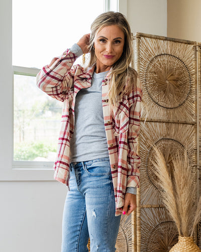 NEW! Aleisha Brushed Plaid Button Up Top - Pink