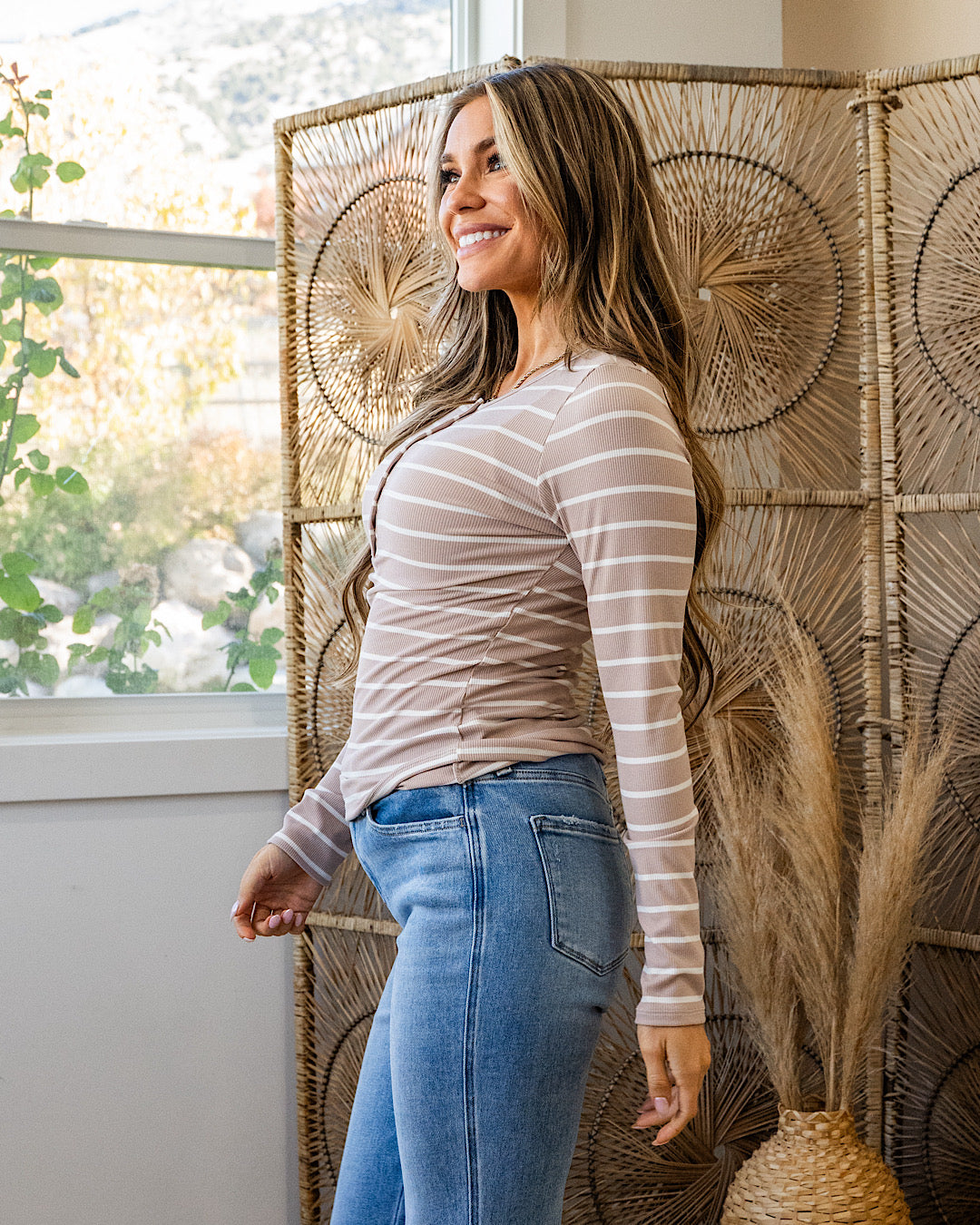 NEW! Celeste Striped Henley Top - Taupe