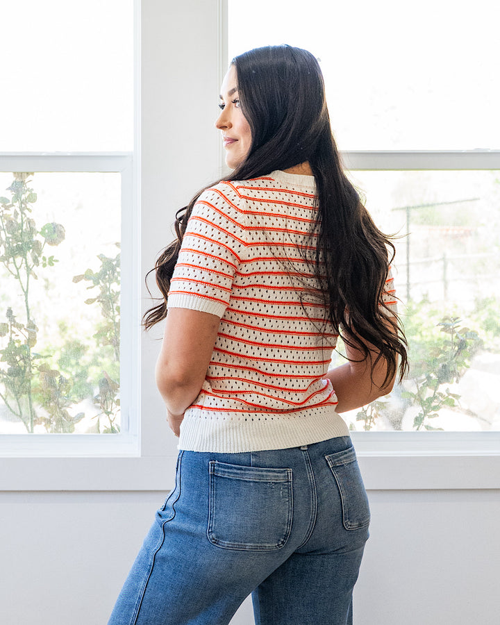 NEW! Kaitlyn Open Knit Striped Sweater Top - Orange Staccato