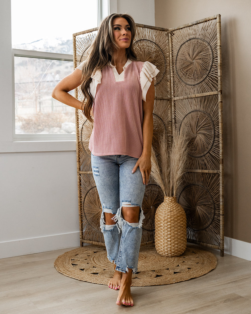 NEW! Angelina Corded Flutter Sleeve Top - Mauve Lovely Melody