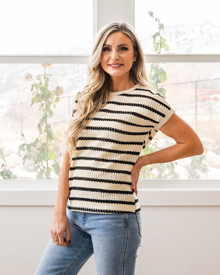 NEW! Kenzie Striped Open Knit Top - Ivory & Black