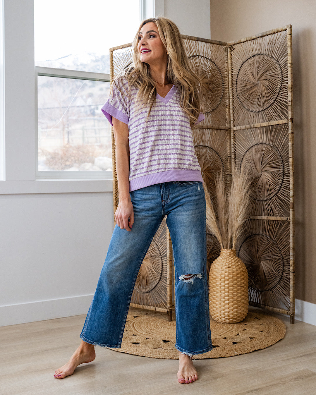 This Love Textured Striped V Neck Top - Lavender Lovely Melody