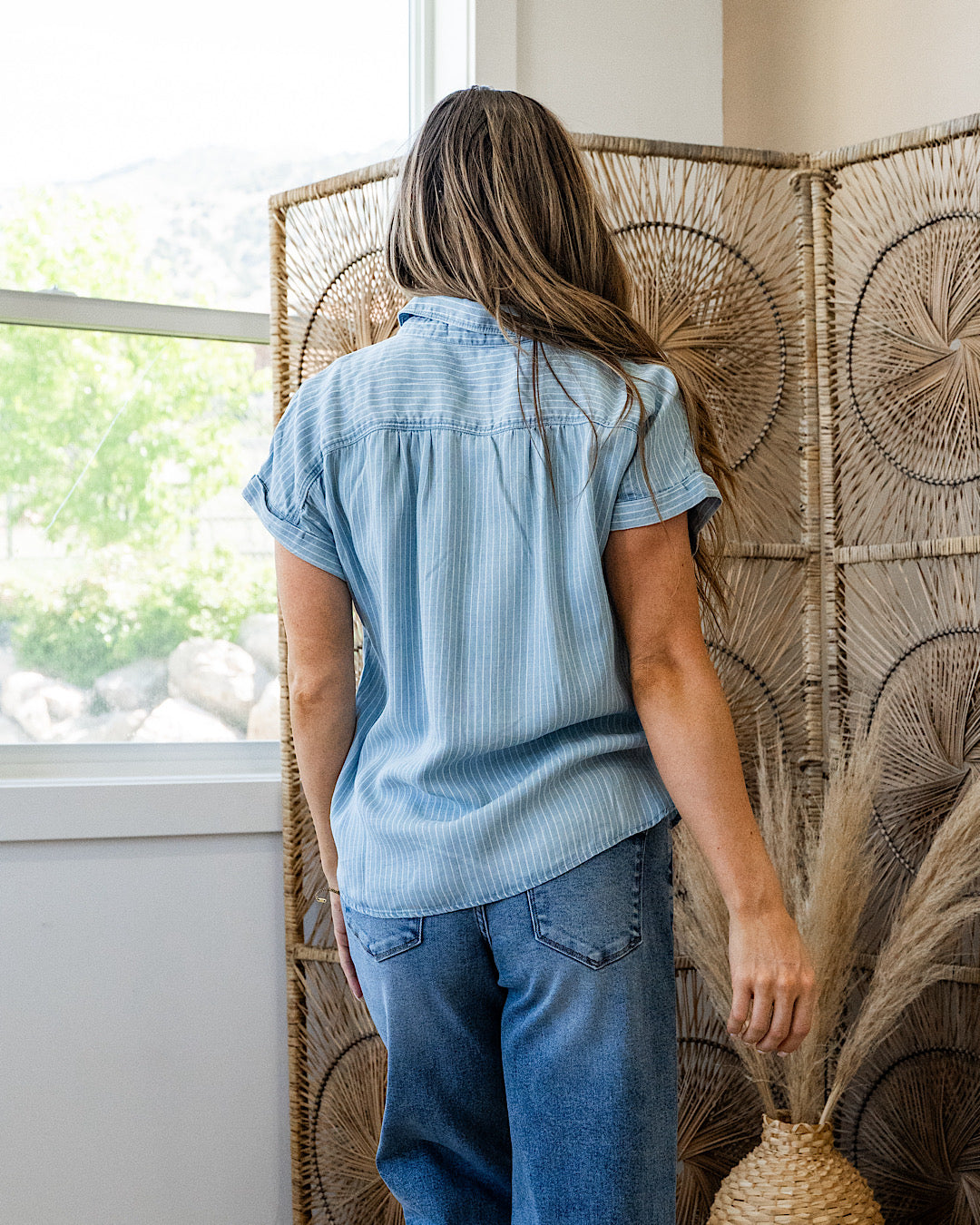 Emmy Blue Striped Tencel Button Up Top Be Cool