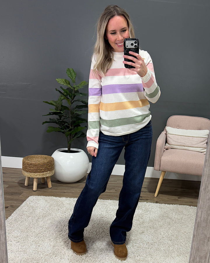 Kelsey Multi Color Striped Fine Knit Sweater - Pink & Lavender Staccato
