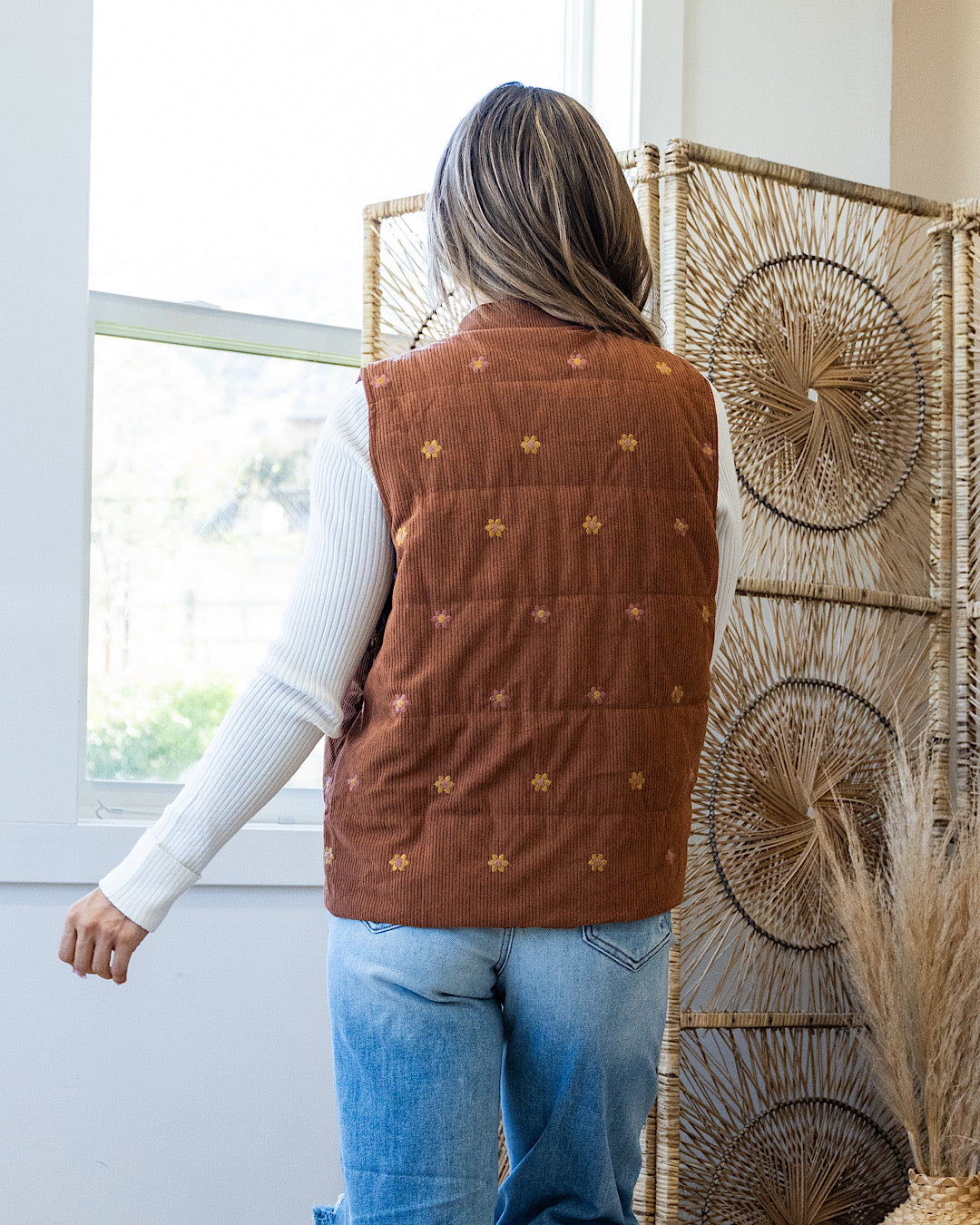 Natalie Embroidered Floral Corduroy Vest - Brown  Hem & Thread   