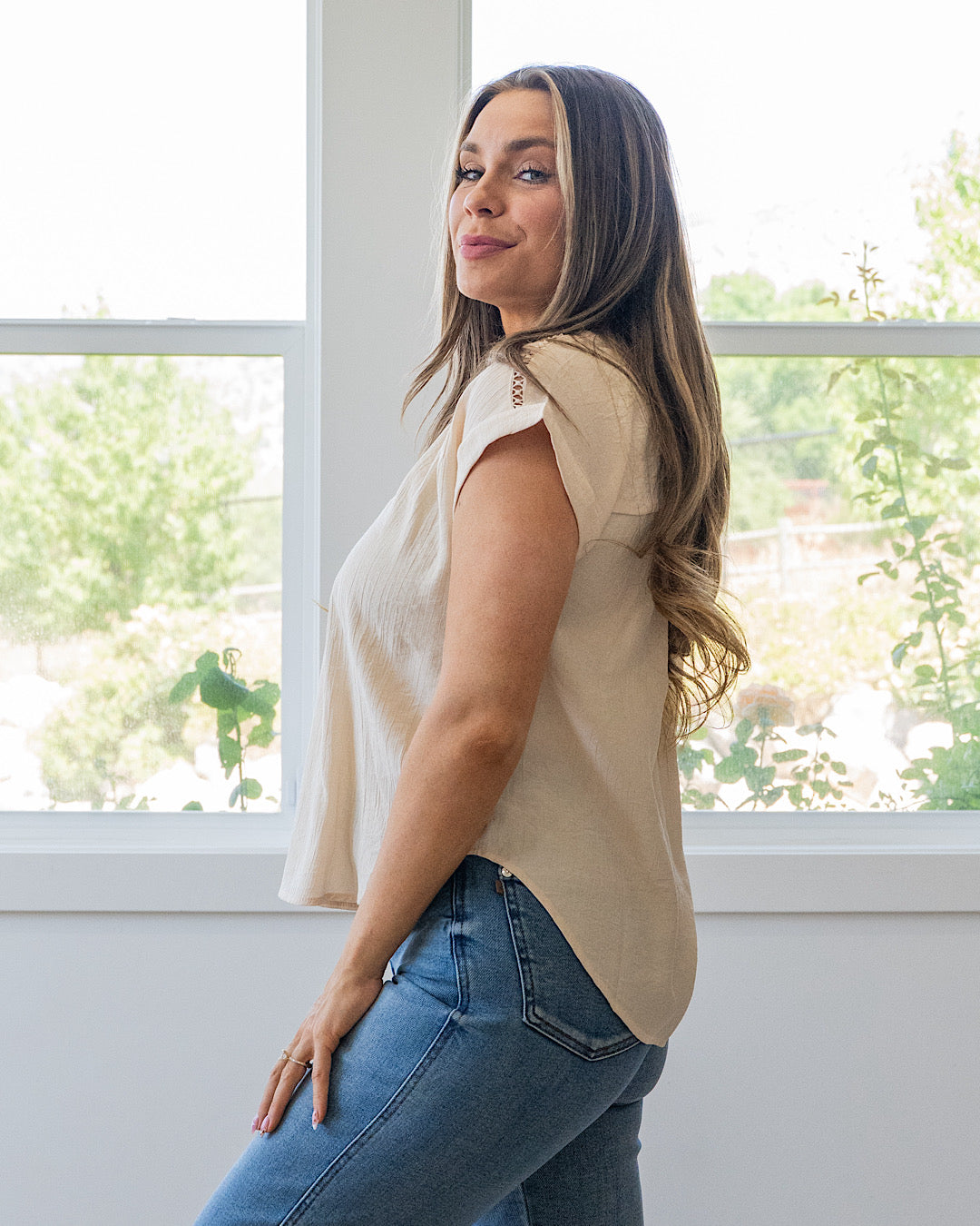 NEW! Mariah Lace Trim Top - Light Khaki Mine
