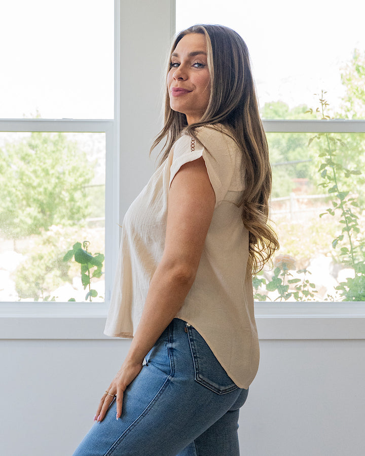 NEW! Mariah Lace Trim Top - Light Khaki Mine