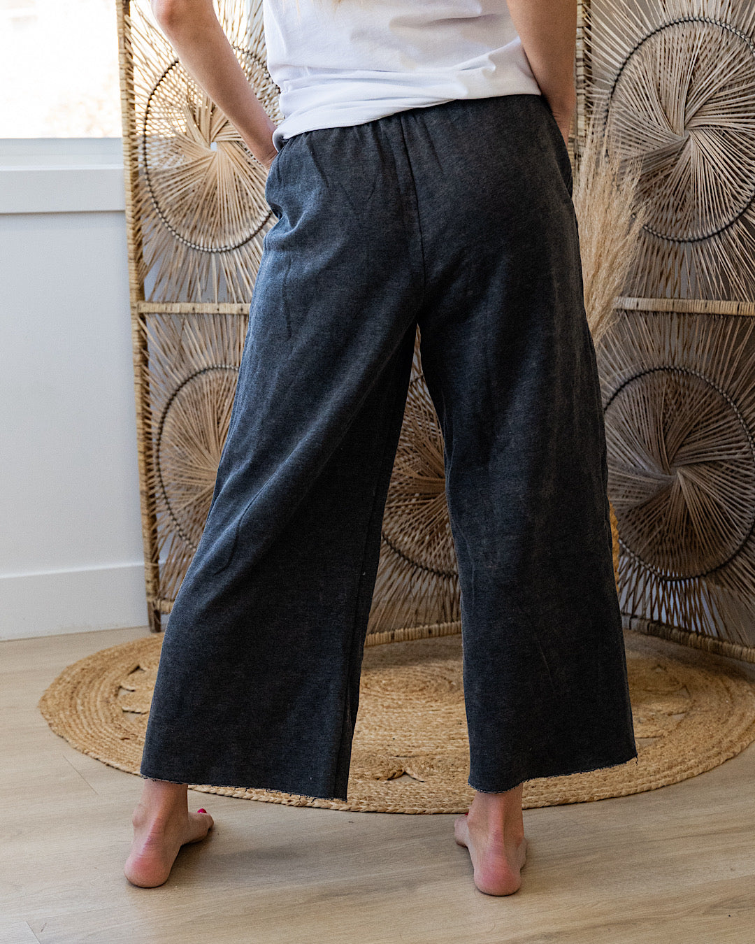 Cropped Wide Leg Comfy Pants - Ash Black Zenana