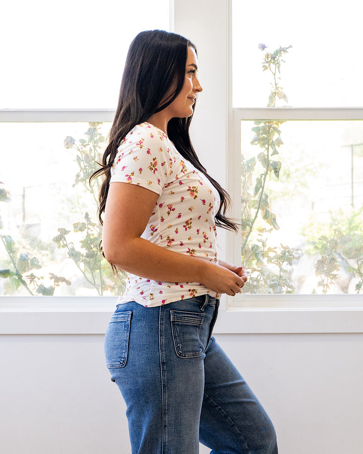NEW! Reagan Floral Ribbed Top - Ivory & Pink PS Kate