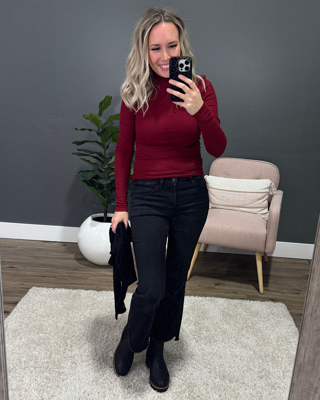 Meg Micro Ribbed Turtleneck Top - Black