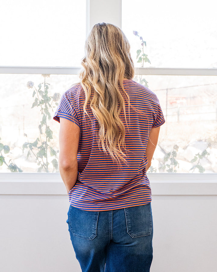 NEW! Nadia Striped V Neck Top - Orange & Royal Staccato
