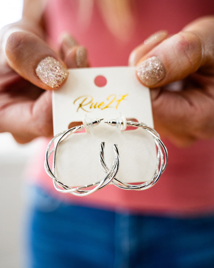 Twisted Hoop Earrings - Silver Trendy Wholesale