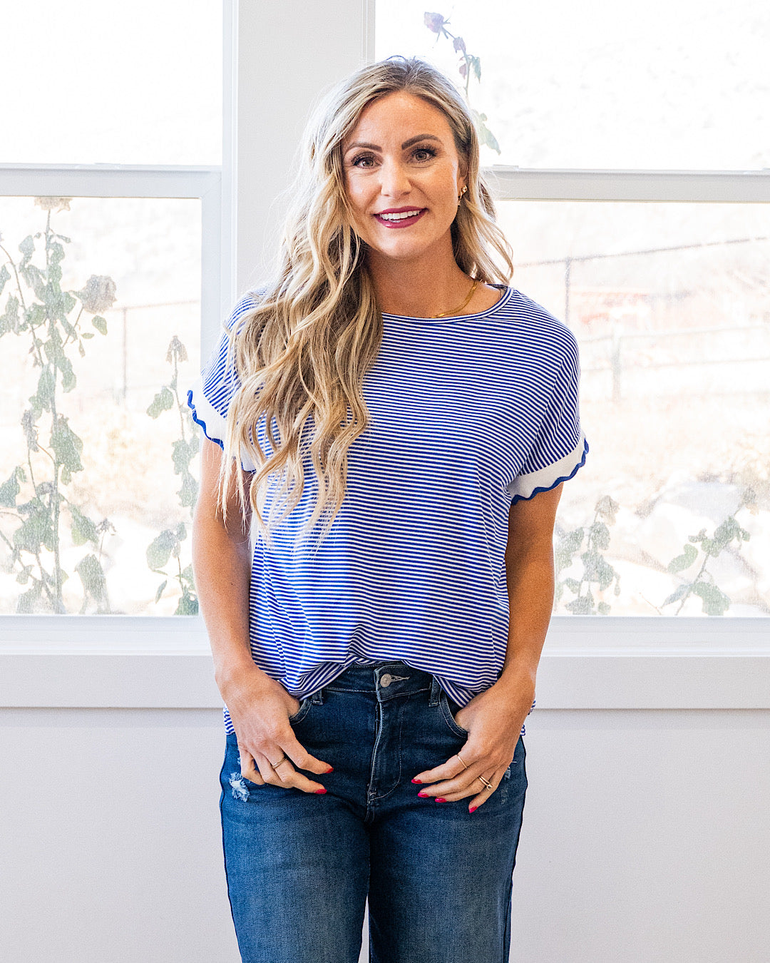 NEW! Claire Pin Striped Top - Ivory & Royal Blue Staccato