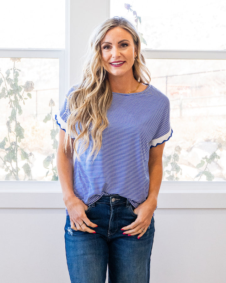 NEW! Claire Pin Striped Top - Ivory & Royal Blue Staccato