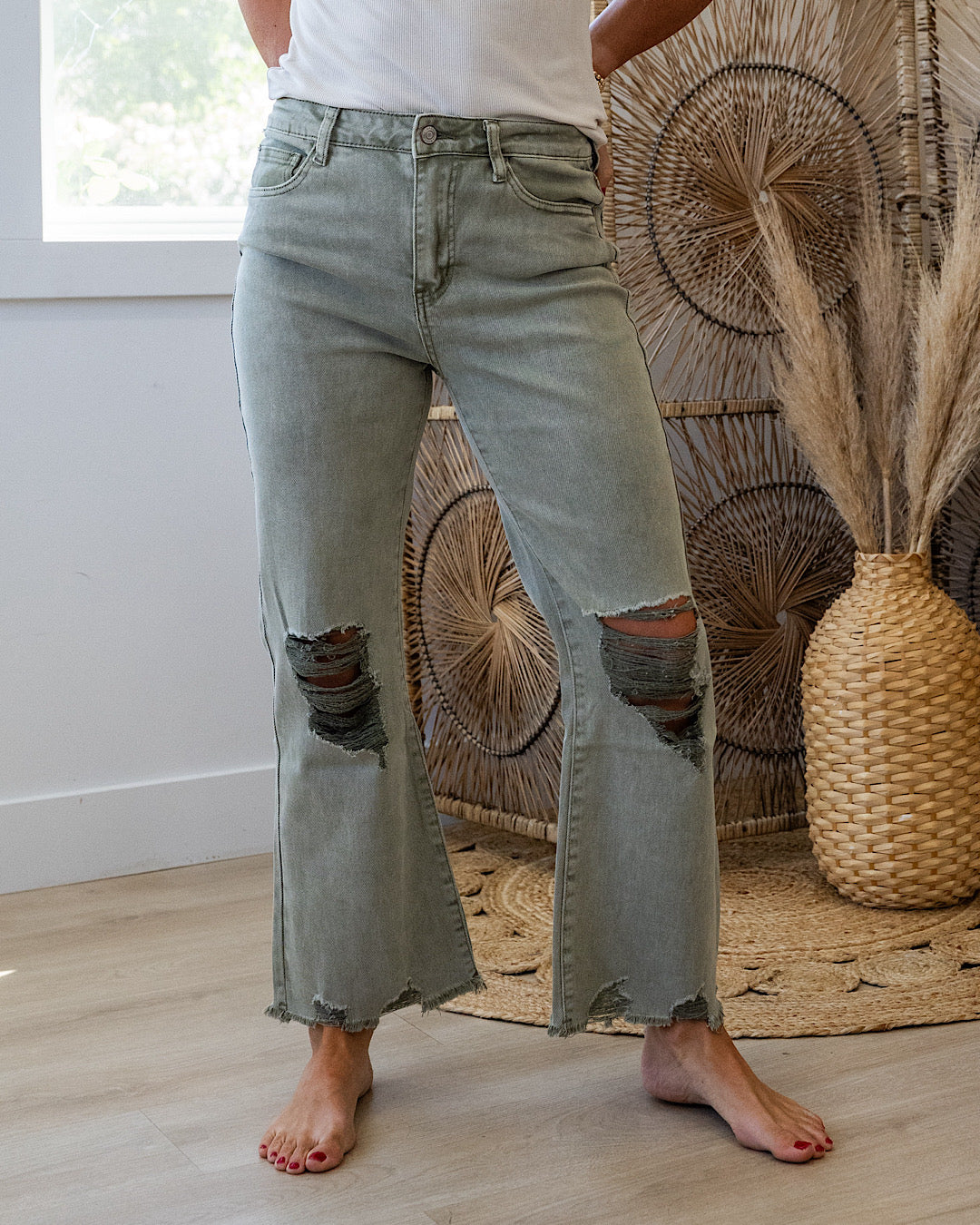 NEW! Gia Wide Leg Distressed Cropped Jeans - Light Olive Zenana