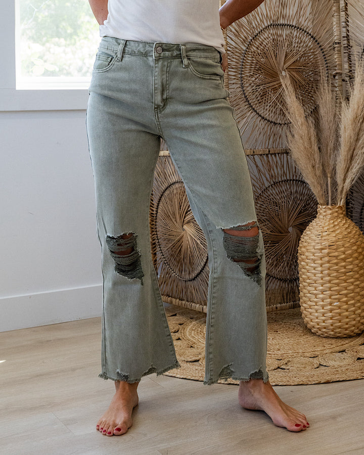 NEW! Gia Wide Leg Distressed Cropped Jeans - Light Olive Zenana