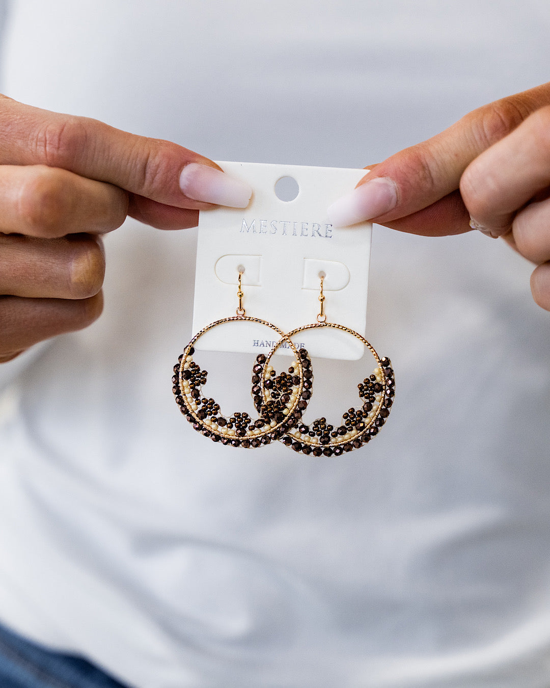 Chocolate and Cream Beaded Hoop Earrings Crystals Trading Inc.