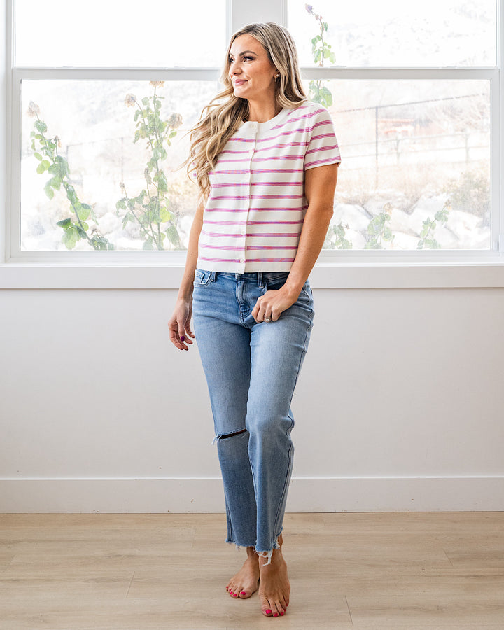 NEW! Courtney Striped Short Sleeve Cardigan - Pink Be Cool