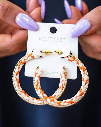 Orange Braided Open Hoop Earrings with Gold Bead Accents  Crystals Trading Inc.   